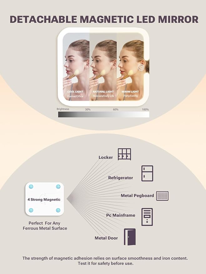 Qislee Makeup Box with A Detachable Lighted Mirror, Waterproof Travel Train Case, Cosmetic Organizer and Makeup Suitcase with Adjustable Dividers, Magnetic LED Mirror(Golden Brown)