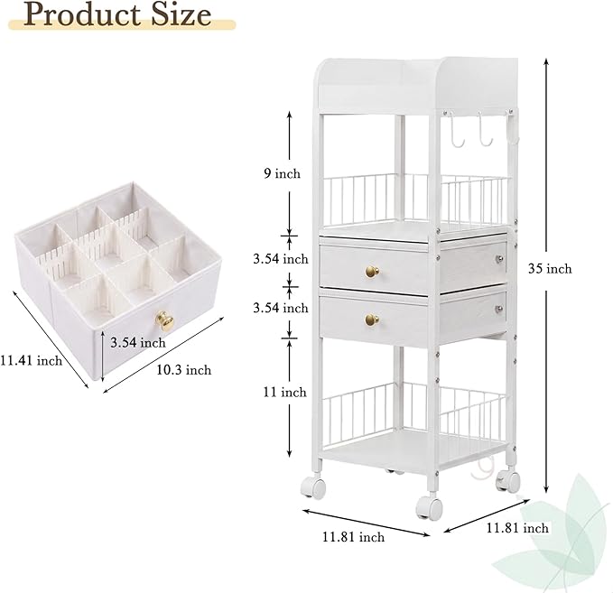 Makeup Organizer Cart with Drawers & 8 Dividers, Rolling Beauty Cart with Hooks for Cosmetics & Skincare, Space Saving Vanity Storage for Bathroom, Bedroom & Small Spaces (White)