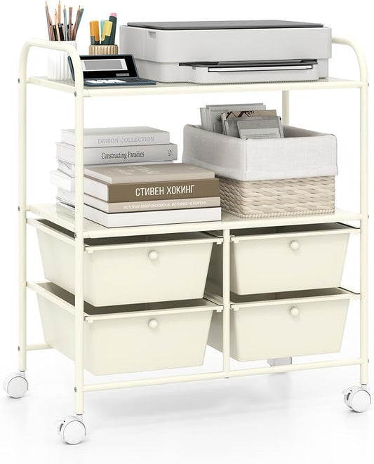 Giantex Rolling Storage Cart w/ 4 Drawers 2 Shelves Metal Rack Shelf Home Office School Beauty Salon Utility Organizer Cart with Wheels, Ivory