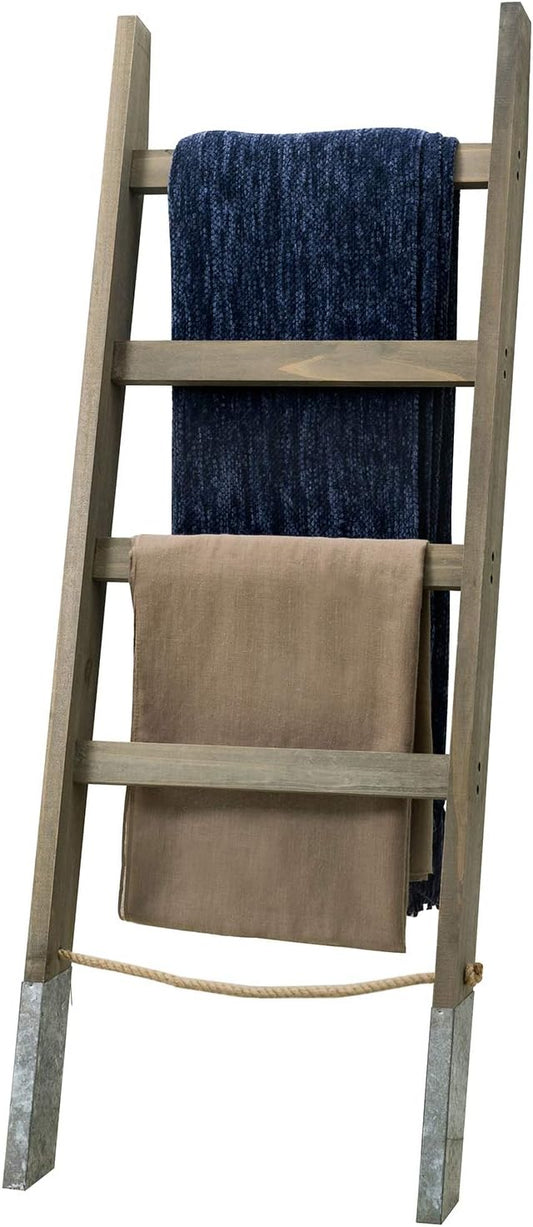 MyGift 55'' Wood Wall Leaning Blanket Ladder with 4 Rung, Farmhouse Living Room and Bathroom Towel Rack with Decorative Rustic Galvanized Silver Metal Legs and Rope