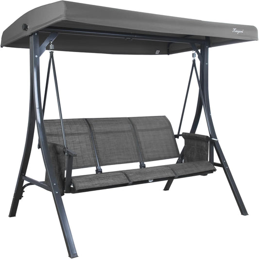 Kozyard Brenda 3-Seat Patio Swing Chair, Outdoor Porch Swing Glider with Adjustable Canopy, Side Pouches, Breathable Seat and Back, for Garden, Poolside, Backyard (Gray)