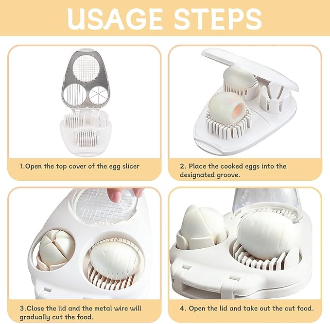 3-in-1 Egg Slicer for Hard Boiled Eggs, Multipurpose 3-Way Cutter with 3 Slice Modes, Heavy Duty Stainless Steel Chopper Tool for Strawberry, Mushroom, Grape, Cherry Tomato(COLOR:White)