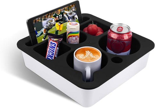 Couch Cup Holder Tray, Bonfixe Stable Couch Caddy for Bed and Sofa, Upgraded Capacity Health-Friendly Silicone Anti-Spill Drink Holder Organizer for Snacks Beverage (White-Black)