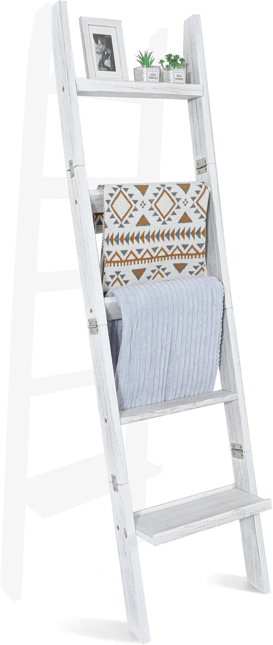 67" Wooden Blanket Ladders for The Living Room,5-Tier Ladder Shelf, Ladder Rack for Storage and Decor (Weathered White)