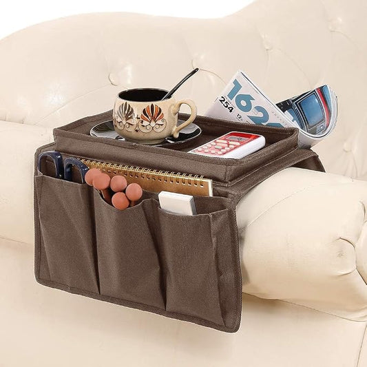 Sofa Armrest Organizer with Cup Holder No-Slip Couch Sofa Armrest Organiser Couch Remote Caddy Control Holder with 1 Large Pockets and 3 Small Pockets for TV Remotes Cellphone Magazines Ipad Drinks