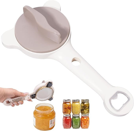4-in-1 Jar Opener for Seniors & Weak Hands, Adjustable Stainless Steel Opener for Jars, Beer Bottles, and Salad Dressing – Easy-Grip Kitchen Tool (White)