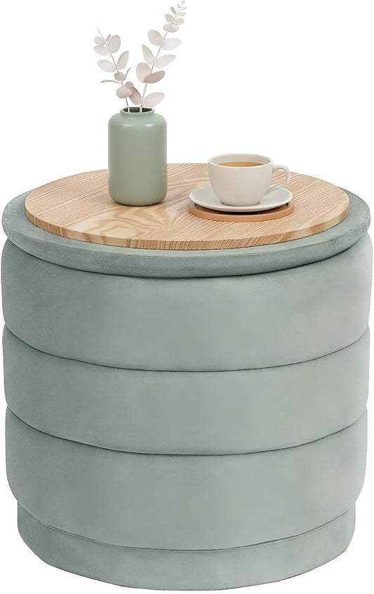 B FSOBEIIALEO Round Velvet Storage Ottoman with Tray, Folding Ottoman with Storage Coffee Table Foot Rest for Dorm Room, Living Room Sage, 15.35"x15.35"x14.57"