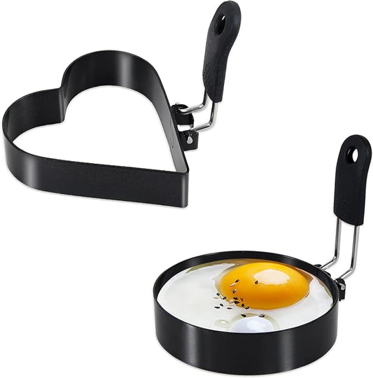 2-Pack Round+Heart Egg Rings Set with Silicone Handle, Stainless Steel Egg Cooking Rings，Nonstick，For Frying Eggs and English Muffins Pancake, Egg Mold Shaper For Breakfast