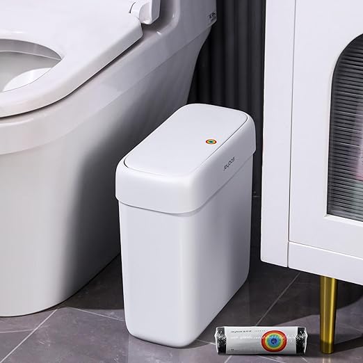 JOYBOS Bathroom Trash Can with Lid, 3 Gallon Small Garbage Can, 10L Dogproof Slim Plastic Narrow Trash Bin with Pop-up Lid for Toilet, Office, Bedroom, Living Room, White