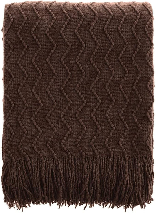 BATTILO HOME Dark Brown Throw Blanket for Couch, Boho Throw Blanket for Home Decor, Decorative Chocolate Knit Throw Blankets for Chair Sofa, Bed, 50"x60"
