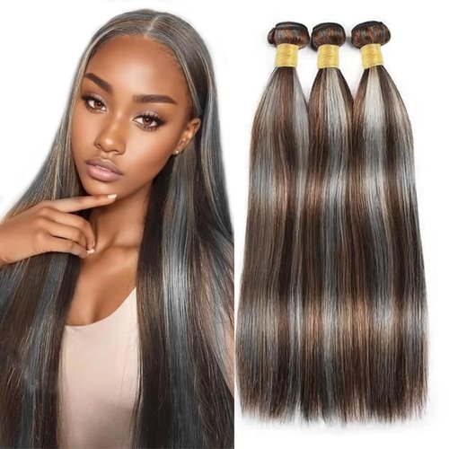Giginger Bundles Human Hair P4/GREY 18 20 22 inch Straight Wave Human Hair Bundles Highlight Chocolate Grey Unprocessed Quick Weave Soft Sewn In Hair Extensions for Black Women