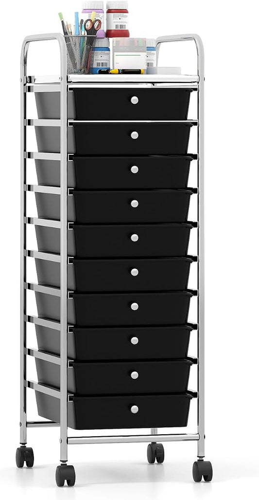 Giantex Rolling Storage Cart with 10 Drawers, Utility Cart with Tabletop, Drawer Organizer with Wheels for Craft Art Paper Tool, Mobile Organization & Sorting for Office Home School School Supplies