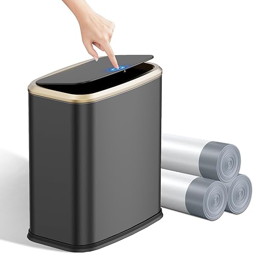 2.1 Gallon Bathroom Trash Can with Lid Press Top, 8 Liter Stainless Steel Garbage Can with Press Type Lid, Slim Trash Bin Waste Basket for Toilet, Office, Bedroom (Titanium Black)
