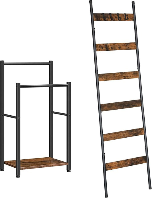 HOOBRO Free Standing 2 Tier Towel Rack for Bathroom and 6-Tier Blanket Ladder with Hooks Bundle, Blanket Holder, Drying and Display Rack with Shelf, Rustic Brown and Black BF02LB01-BF66CJ01