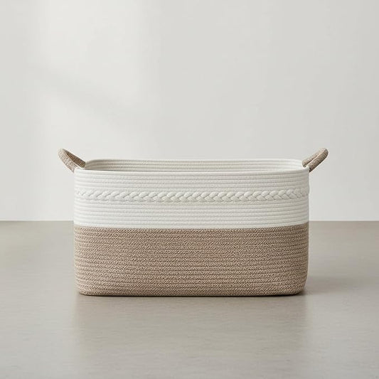 Large laundry basket woven from natural cotton rope with handles storage blankets for living rome big decorative quilted baskets for clothes toys pillows hamper 22"x14.6"x12" white/brown