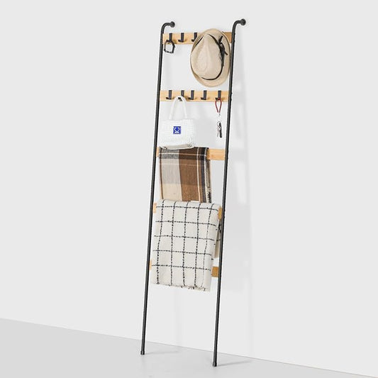 Blanket Ladder Towel Racks for Bathroom 5-Tier Bamboo Blanket Storage Holder with 10 Removable Hooks, Farmhouse Wall Leaning Display Rack Shelf for Living Room Bedroom, Wood Color