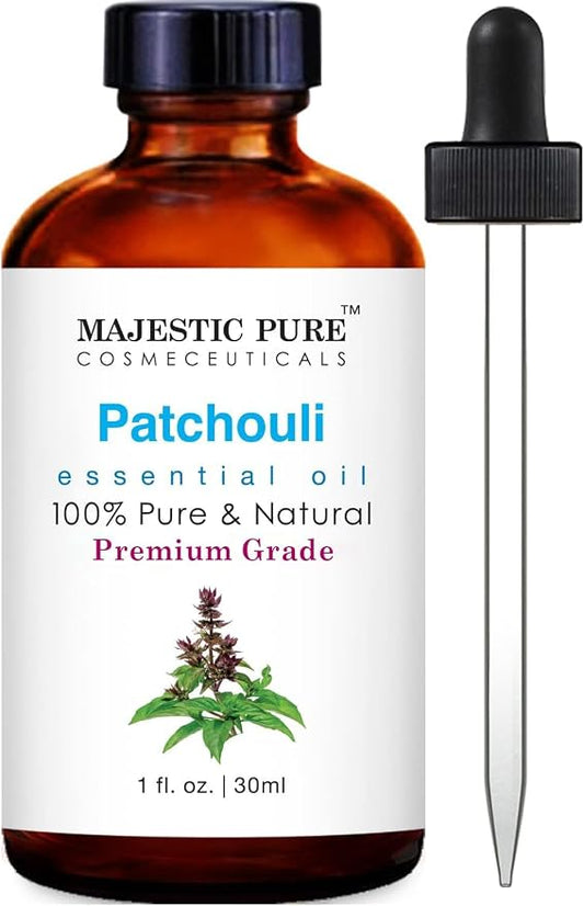 Majestic Pure Essential Oil with Glass Dropper - 100% Pure and Natural - Essential Oils for Diffuser, Aromatherapy, Soap and Candle Making, Patchouli Essential Oil, Patchouli Oil, 1 Fl Oz