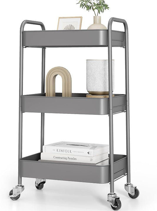 TOOLF 3-Tier Rolling Cart - Metal Utility Storage Organizer with Lockable Wheels, 33 lbs Per Shelf, Tool-Free 5-Min Assembly, for Kitchen Bathroom Office Nursery Craft Room, Grey