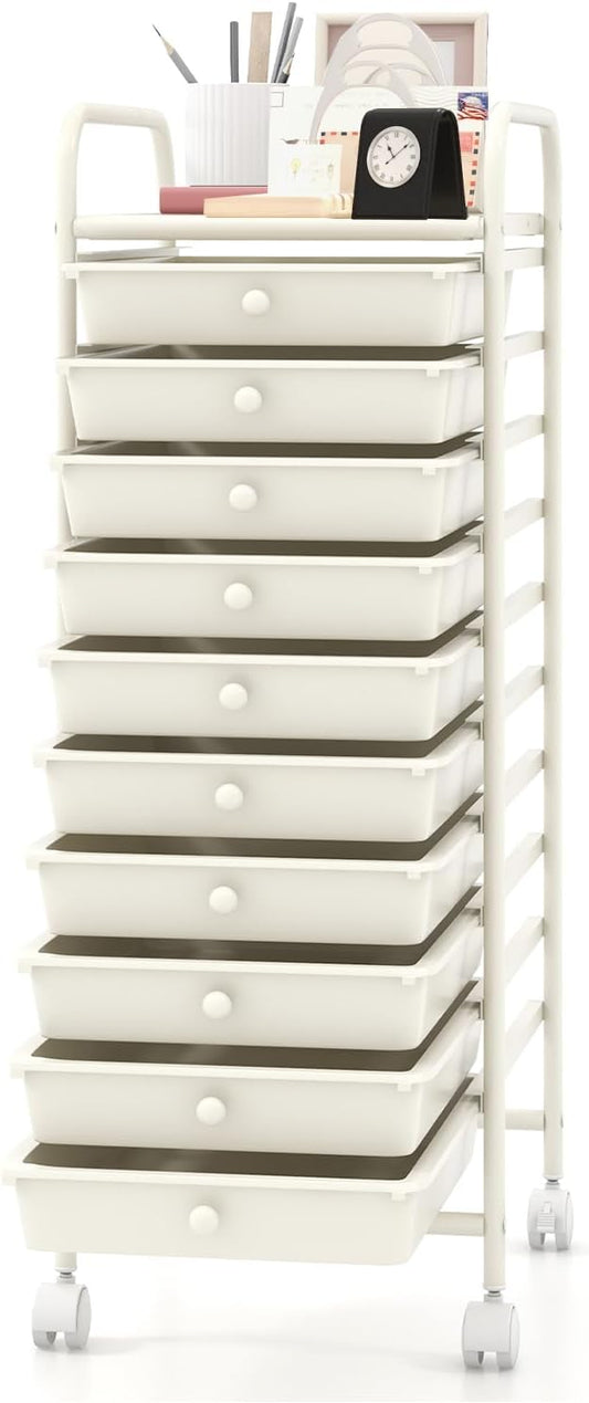 MEDIMALL 10 Drawers Rolling Storage Cart, Multipurpose Craft Storage Cart with Wheels, Mobile Tools Scrapbook Paper Organizer Cart for Office School Home Use
