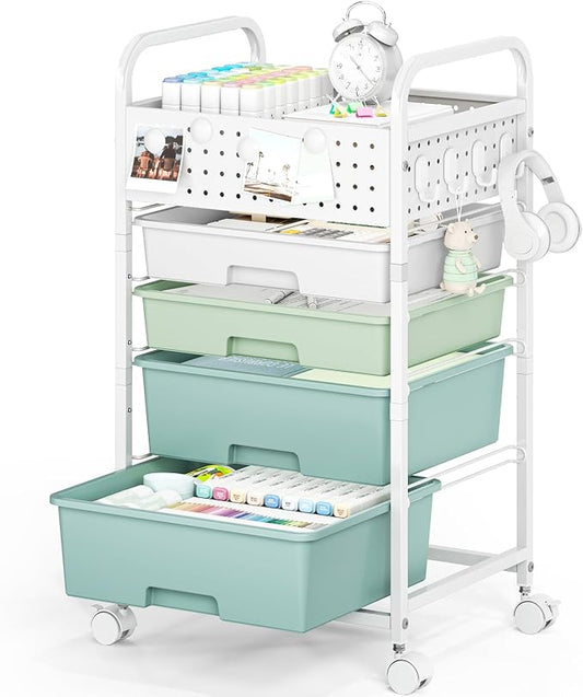 4 Drawer Rolling Storage Cart with Pegboard Top and Hooks, Mobile Organizer Cart with Wheels for Office Supplies, Craft Storage, Classroom Organization, Home Utility Cart, Gradient Green