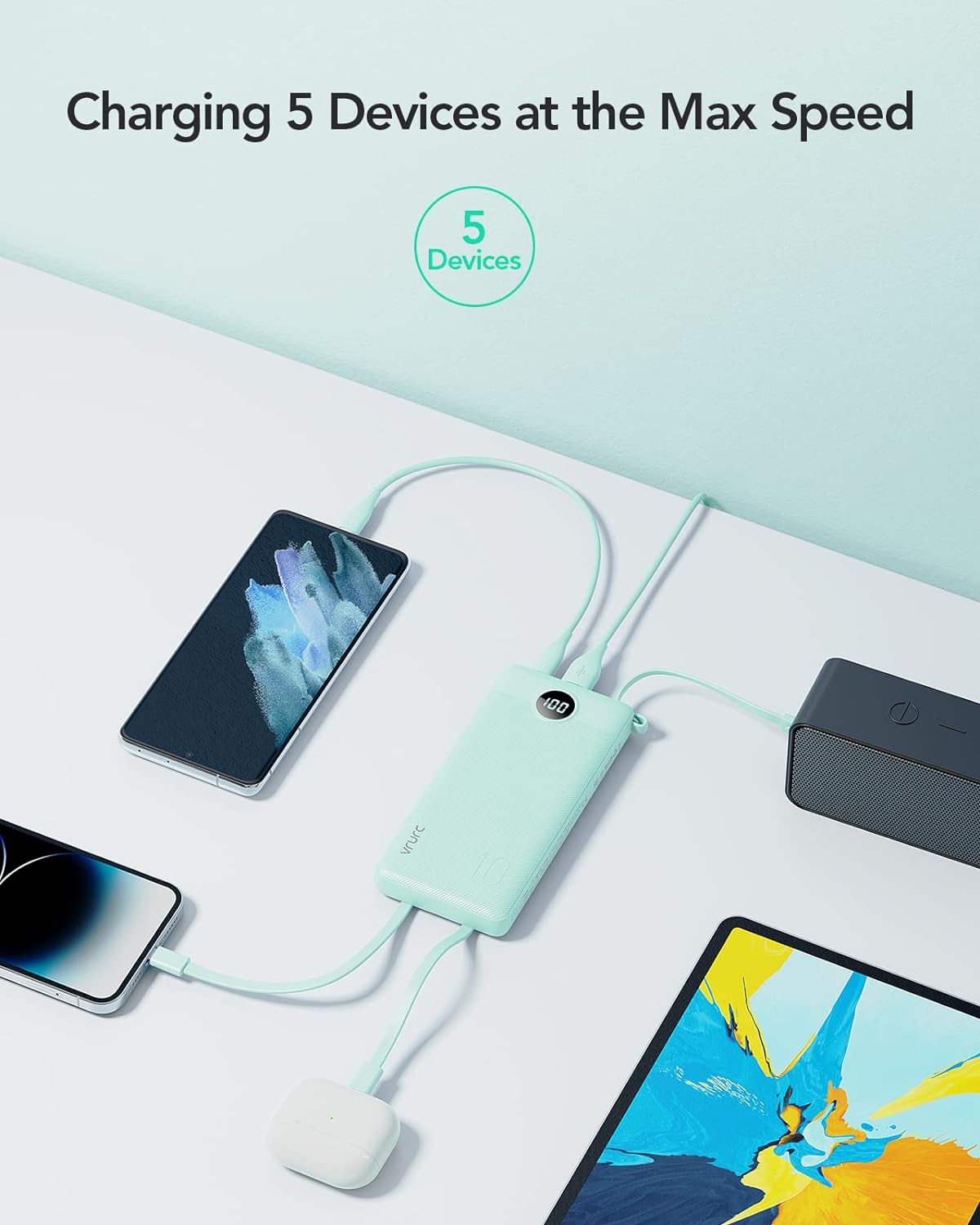 VRURC Portable Charger Power Bank, 10000mAh Travel Essentials Battery Pack, 5 Outputs 2 Inputs Slim Charging Bank Built-in Cables Cords Wires Compatible with iPhone,Samsung,Android-Green(1 Pack)