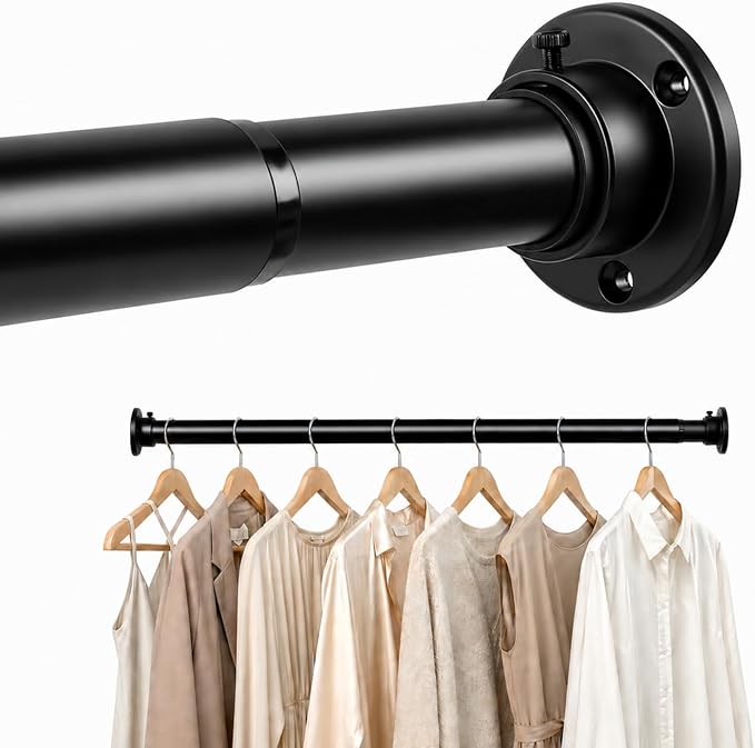 Closet Rod Adjustable 17 to 38 Inch, 1-1/4” Diameter, Closet Rods for Hanging Clothes, Stepless Metal Heavy Duty Hanging Rod for Closet Wardrobes Laundry RV (Black)
