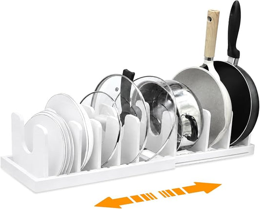 MinBoo Bamboo Expandable Pot Lid Organizer, Pot and Pan Organizer Drawer Organizer for Pot Lids, Adjustable 10 U-Shaped Dividers for Kitchen Cabinet Organizers and Storage,White