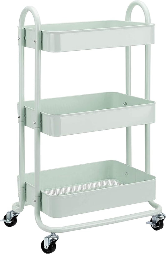 Amazon Basics 3-Tier Metal Rolling Utility Cart, Storage Organizer, Multi-Functional Kitchen Island Cart, Portable Shelving Unit with Caster Wheels, Mint Green