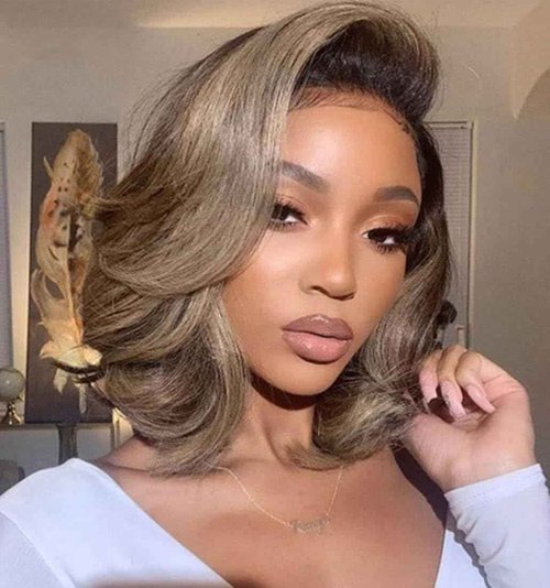 Ulaphence 200% Density Ombre Ash Blonde Lace Front Bob Wig Human Hair Body Wave 13x4 Thicker Ombre Brown Roots with Grey Ash Blonde Short Bob Wig Pre Plucked with Baby Hair for Women 14 Inch
