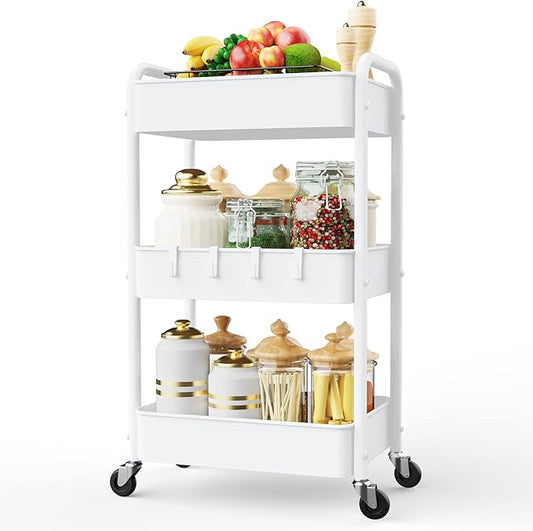 LEHOM 3 Tier Rolling Cart, Metal Rolling Utility Cart with Lockable Wheels & Hooks, Multi-Functional Heavy Duty Storage Cart Organizer for Bathroom, Kitchen, Office, Living Room