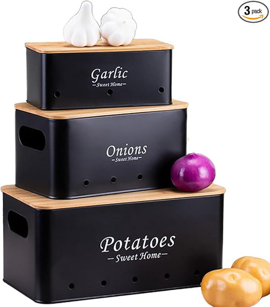 Simcat Kitchen Vegetable Storage Tins Set of 3, Potato Onion Garlic Kitchen Storage Canisters, Vegetable bin Keeper Containers with Aerating Holes and Wooden Lid (Black)