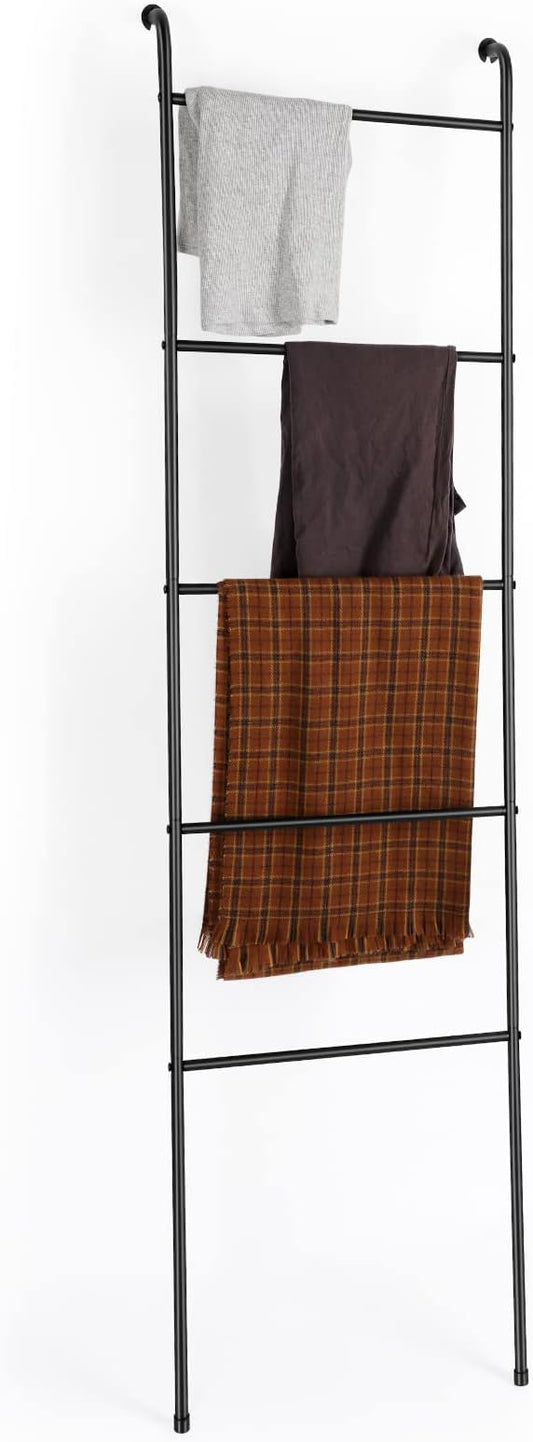 Towel Blanket Ladder Black Metal Blanket Ladder Holder Industrial 5 Tier Wall Leaning Ladder Rack for Bathroom Living Room Laundry Room (Matte Black)