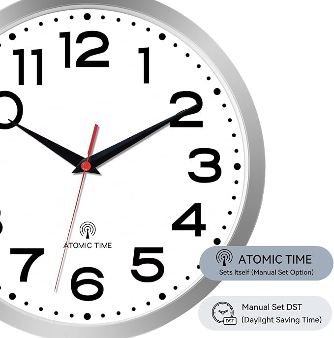 Roymnie Atomic Wall Clock 10 Inch, Modern Clock Battery Operated Classic Analog Decorative for Kitchen, Living Room, Office, Bedroom, Bathroom (Silver)