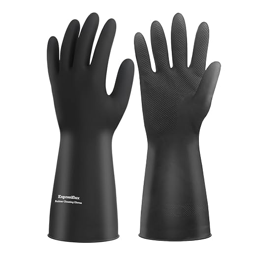 Heavy-Duty Thick Black Rubber Cleaning Gloves, 1 Pair, L | Reusable & waterproof black/orange dual layers. Non-slip design for dishwashing, kitchen cleaning, and auto care.