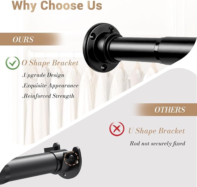 Closet Rod Adjustable 17 to 83 Inch, 1-1/4” Diameter, Closet Rods for Hanging Clothes, Stepless Metal Heavy Duty Hanging Rod for Closet Wardrobes Laundry RV (Black)