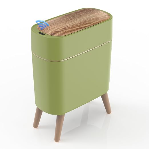 suyika Automatic Trash Can, 2.6 Gallon/10L Bathroom Trash Can with Lid - Wood Grain Lid and Legs, Touchless Waterproof Garbage Bin for Bedroom, Bathroom, Office, Living Room