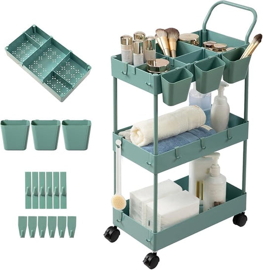 danpinera Storage Cart on Wheels, 3 Tier Bathroom Cart Organizer Slim Laundry Narrow Shelf with Wheels Dividers Hanging Cups Hooks Handle Easy Assembly, Green