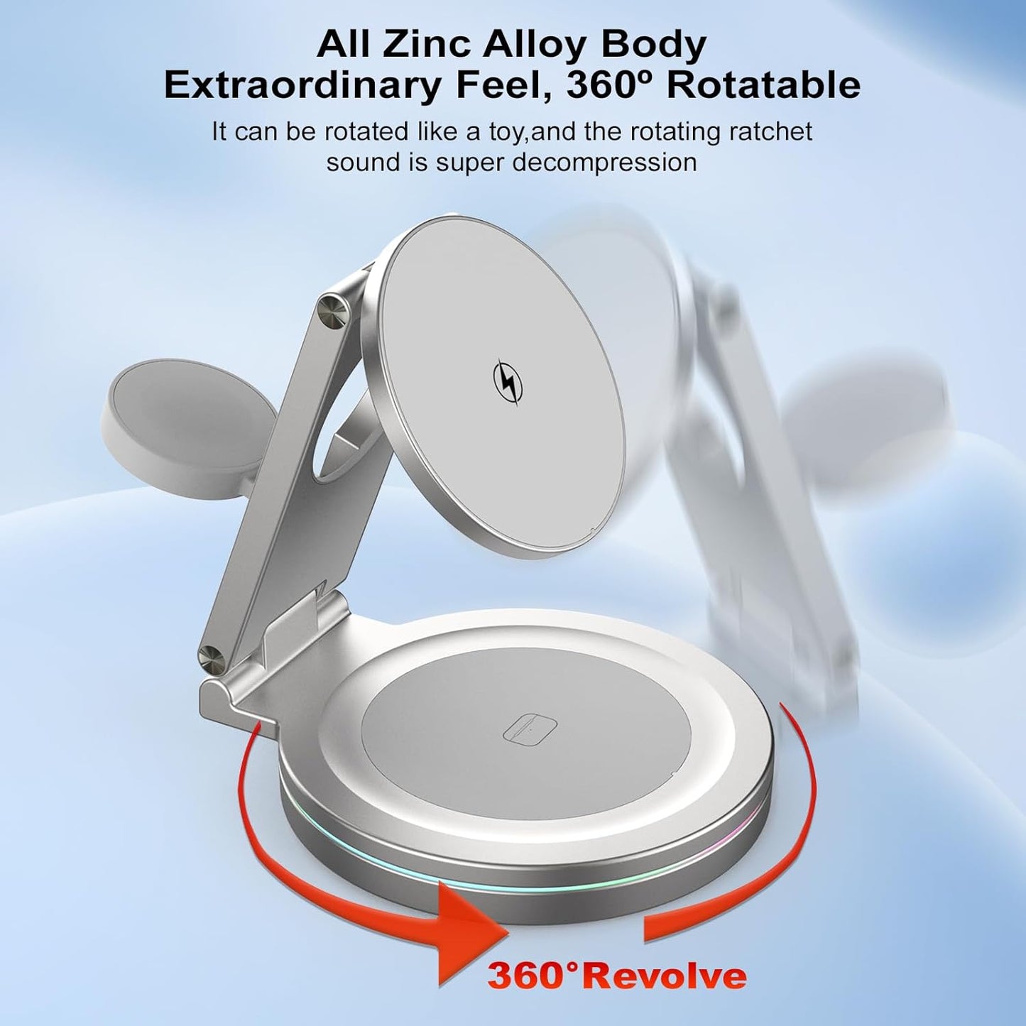 Foldable 360º Rotatable Zinc Alloy 3-in-1 Magnetic Wireless Charger,3 in 1 Charging Station,Charging Stand,15W for iPhone 12-16,5W for Apple Watches, AirPods (Adapter Included) (Gray)