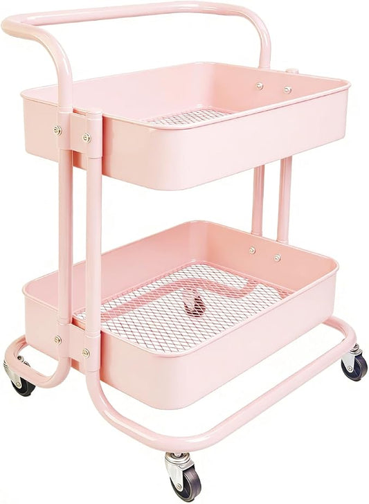 2 Tier Short Rolling Cart with Wheels All-Metal Pink Pantry Storage for Kitchen,Under Desk Trolley with Handle Small Wheeled Storage Cart for Laundry Room Bathroom, Under Table Small Space