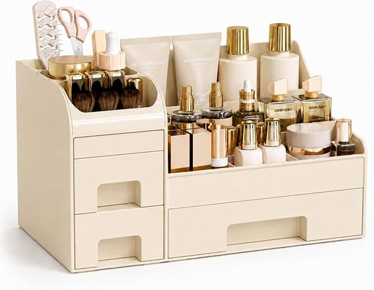 Makeup Organizer with Drawers,Large Cosmetic Storage Box,Countertop Skincare Organizer,ABS Makeup Brush Holder for Bathroom,Desk,Dresser,Multifunctional Beauty Display Case,Cream