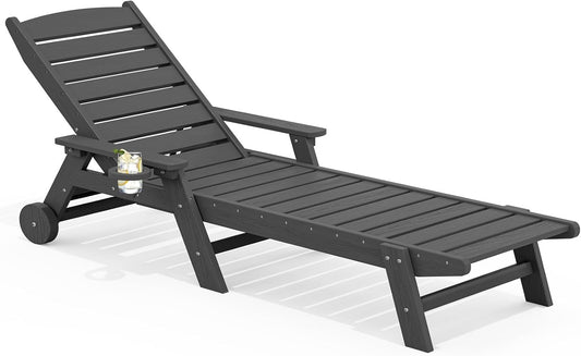 SERWALL Patio Chaise Lounge Chair, 78'' Long HDPE 5 Positions Adjustable Outdoor Lounger, Poly Lounge Chair with Rolling Wheels & Cup Holder for Pool, Slate Gray