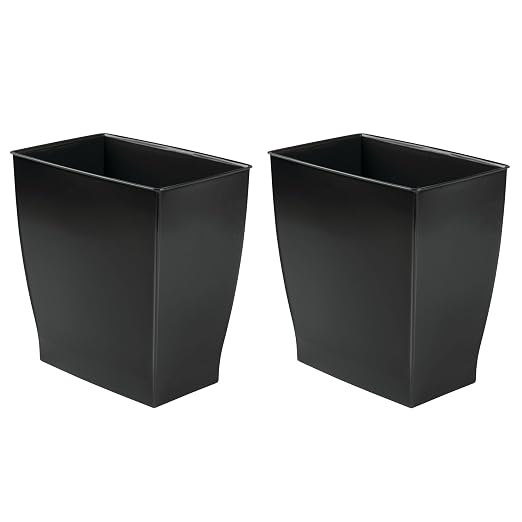 iDesign Small Plastic Bathroom Trash Can, Slim Rectangle, 2-Pack, Black | Garbage Bin for Bedroom, Office, Dorm