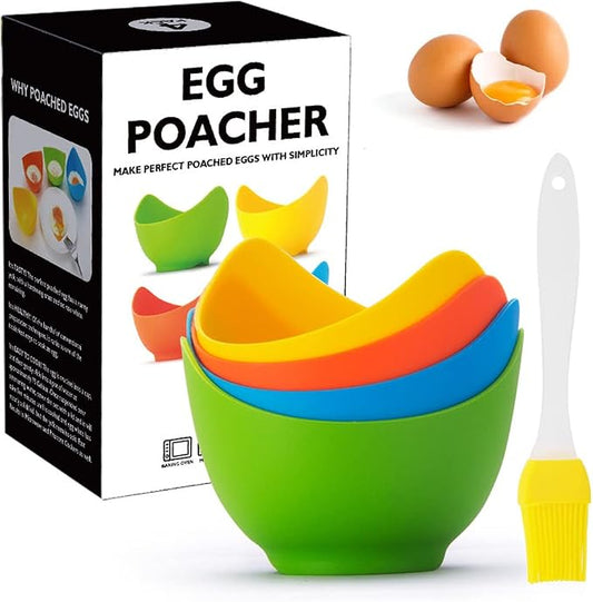 YomiFamily 4 Pack Silicone Egg Poacher Cups with Ring Standers, Nonstick Egg Poaching Cups for Air Fryer, Baking oven or Stovetop Cooking, BPA Free