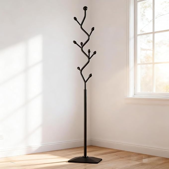 Tree-shaped coat rack stand,Metal coat tree with 8 Hooks and sturdy cast iron base,Heavy Duty coat rack freestanding coat hanger stand for Clothes Hats Scarfs Purses (black)