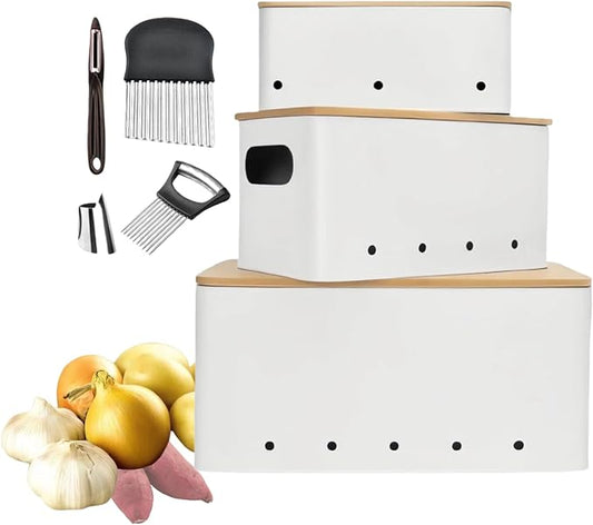 Modern kitchen storage container, stacked metal storage box, 3-piece set with wooden lid design, onion, garlic, potato metal cans, breathable storage box (White)