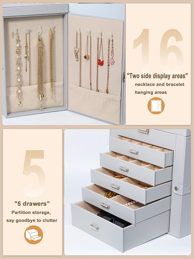 BOOVO Jewelry Box For women, 6 Layer Large Jewelry Organizer With Mirror, Multi-Function Storage Box With Lock, Necklace Holder With 5 Drawers, For Earrings Necklace Bracelet (Silver and Grey)