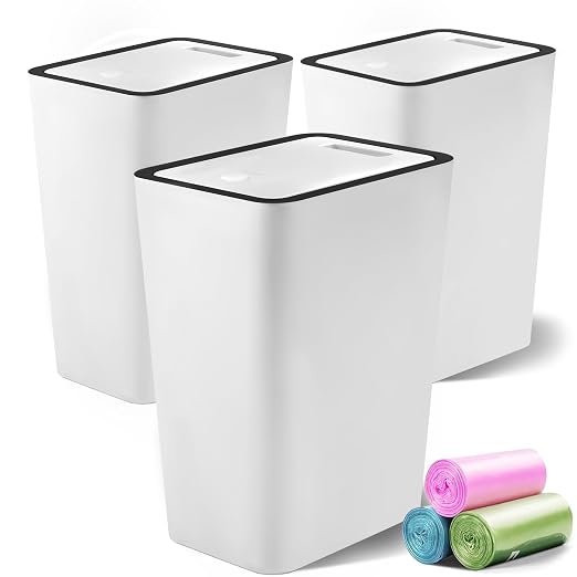 Lysam Small Trash Can, 3 Pack 4 Gallons Bathroom Garbage Can with Lid Press-Top, Small Waste Basket with Trash Bags, Slim Plastic Garbage Bin for Dorm, Office, Bedroom, Kitchen, Living Room (White)