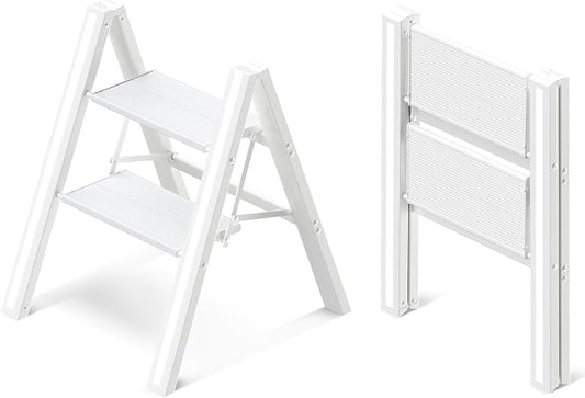 2 Step Ladder, Aluminum Folding 2 Step Stool with Anti-Slip Sturdy and Wide Pedal, Lightweight Portable Stepladder for Home and Kitchen Use Space Saving, Cream White, 330 lbs