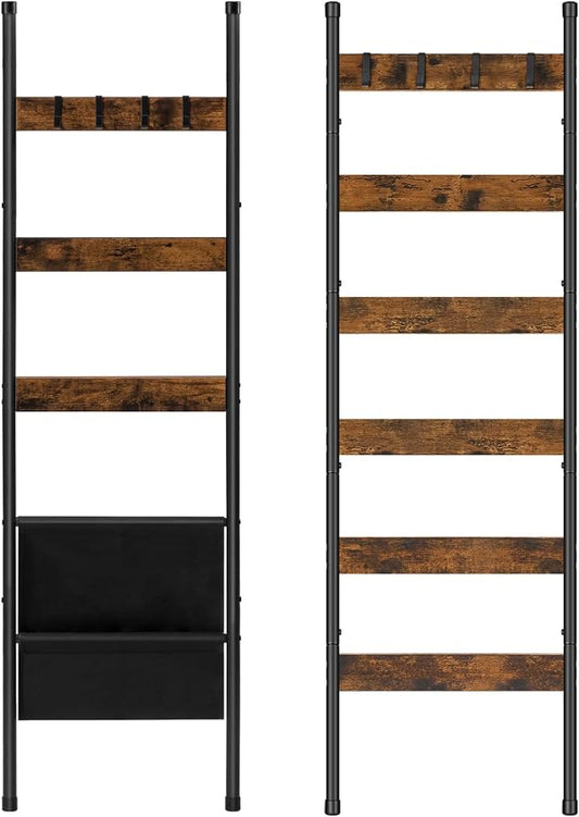 HOOBRO 5 Tier Blanket Ladder with Magazine Pocket and 6 Tier Towel Rack Bundle, Wall-Leaning Blanket Rack for Living Room, Decorative Ladder with 4 Hooks, Rustic Brown BF32CJ01-BF66CJ01