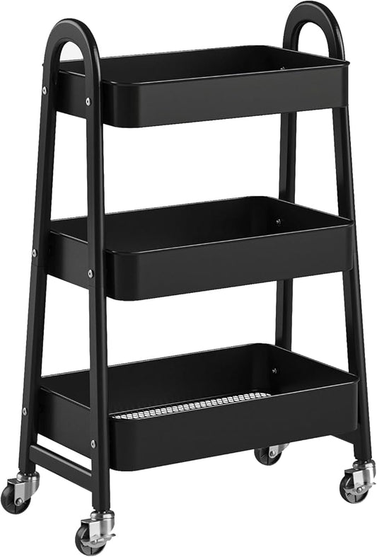 OLIXIS Metal 3 Tiers Utility Rolling Cart, Mobile Storage Shelf with Lockable Caster Wheels, Organization for Livingroom, Bathroom & Narrow Places, Black